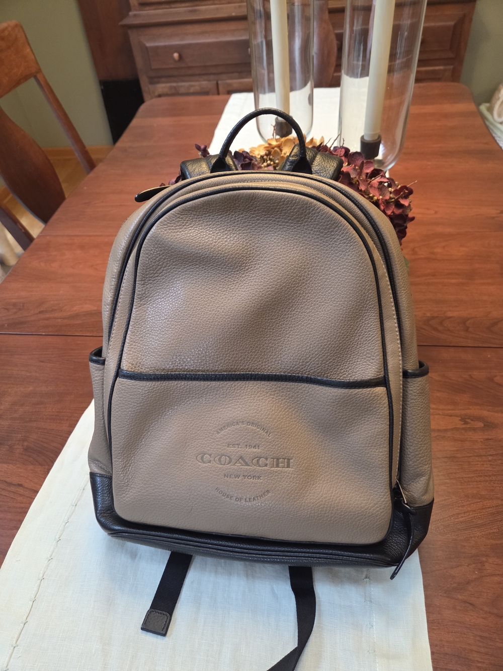 Coach Thompson Beige Taupe and Black Leather Backpack